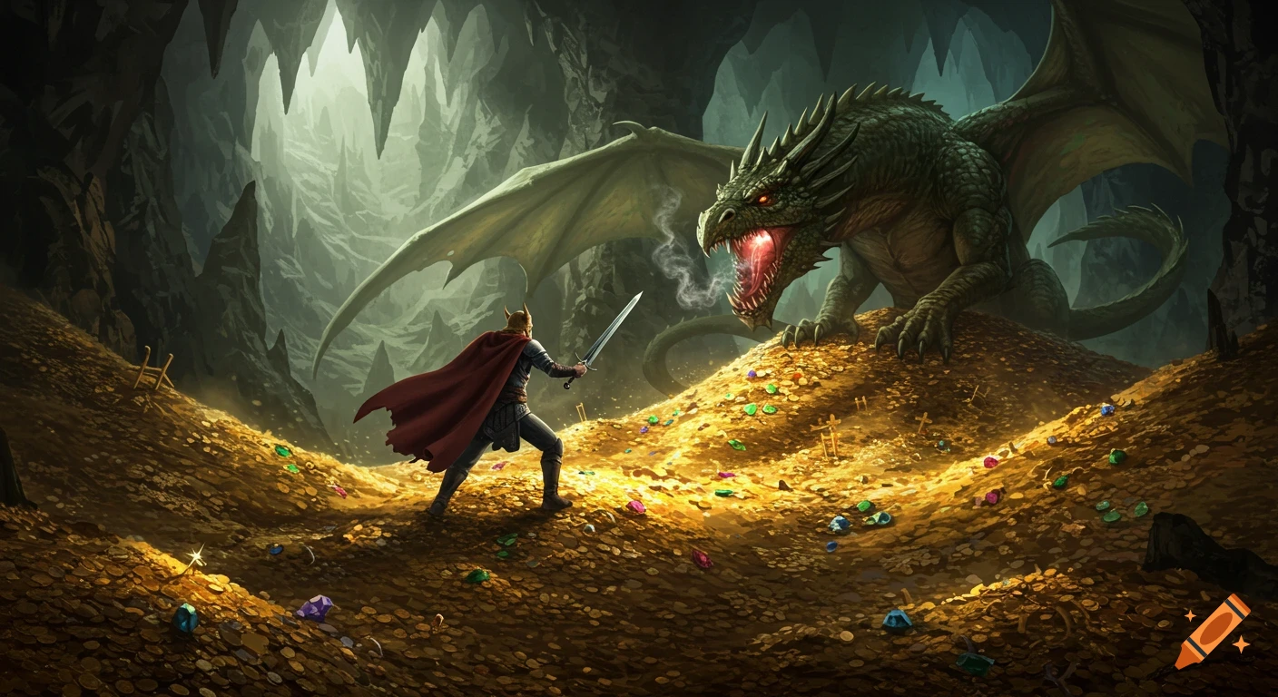 A knight in a red cape confronts a large green dragon in a gloomy cave, standing on a pile of gold coins and gems.