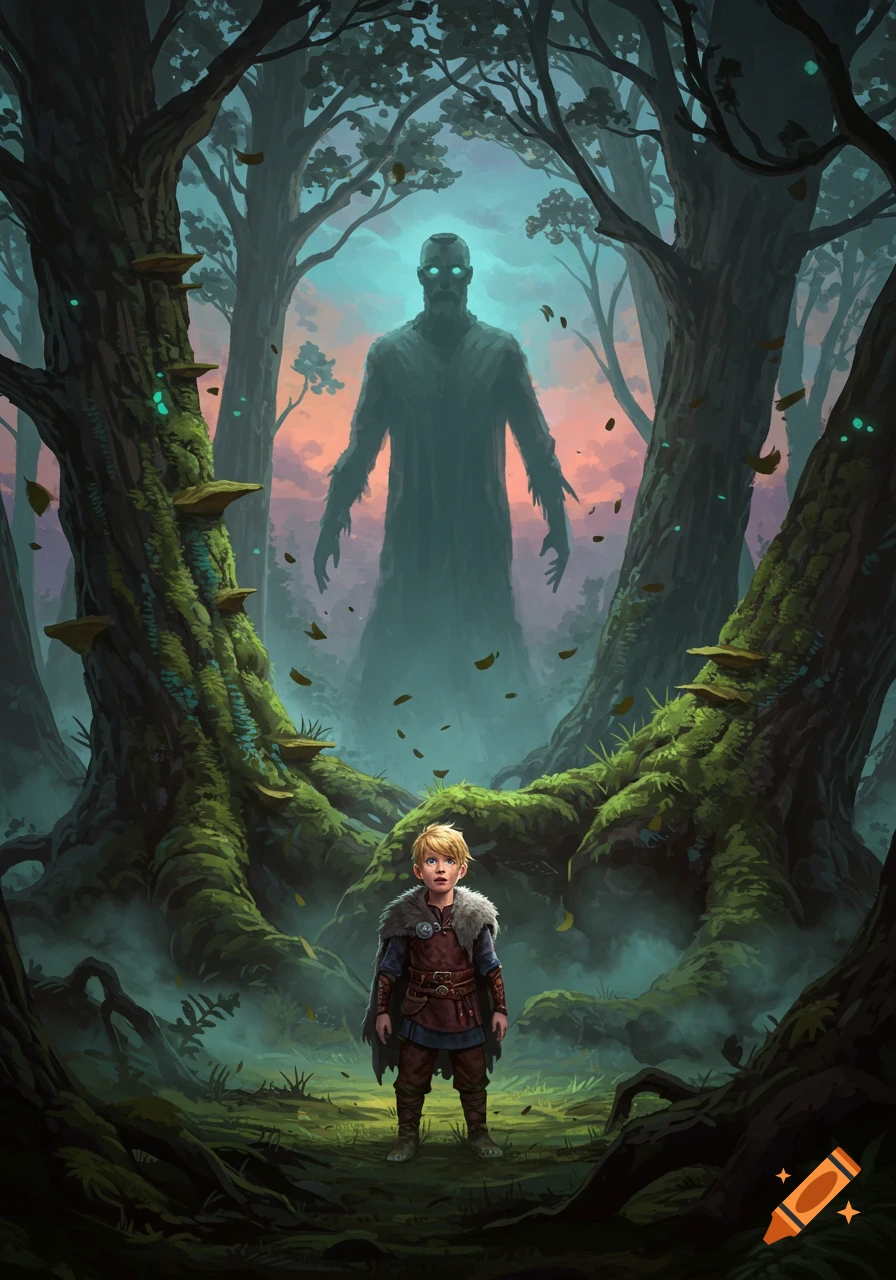A wide-eyed young viking boy stands in a misty forest, looking up at a towering, shadowy figure with glowing eyes at sunset.