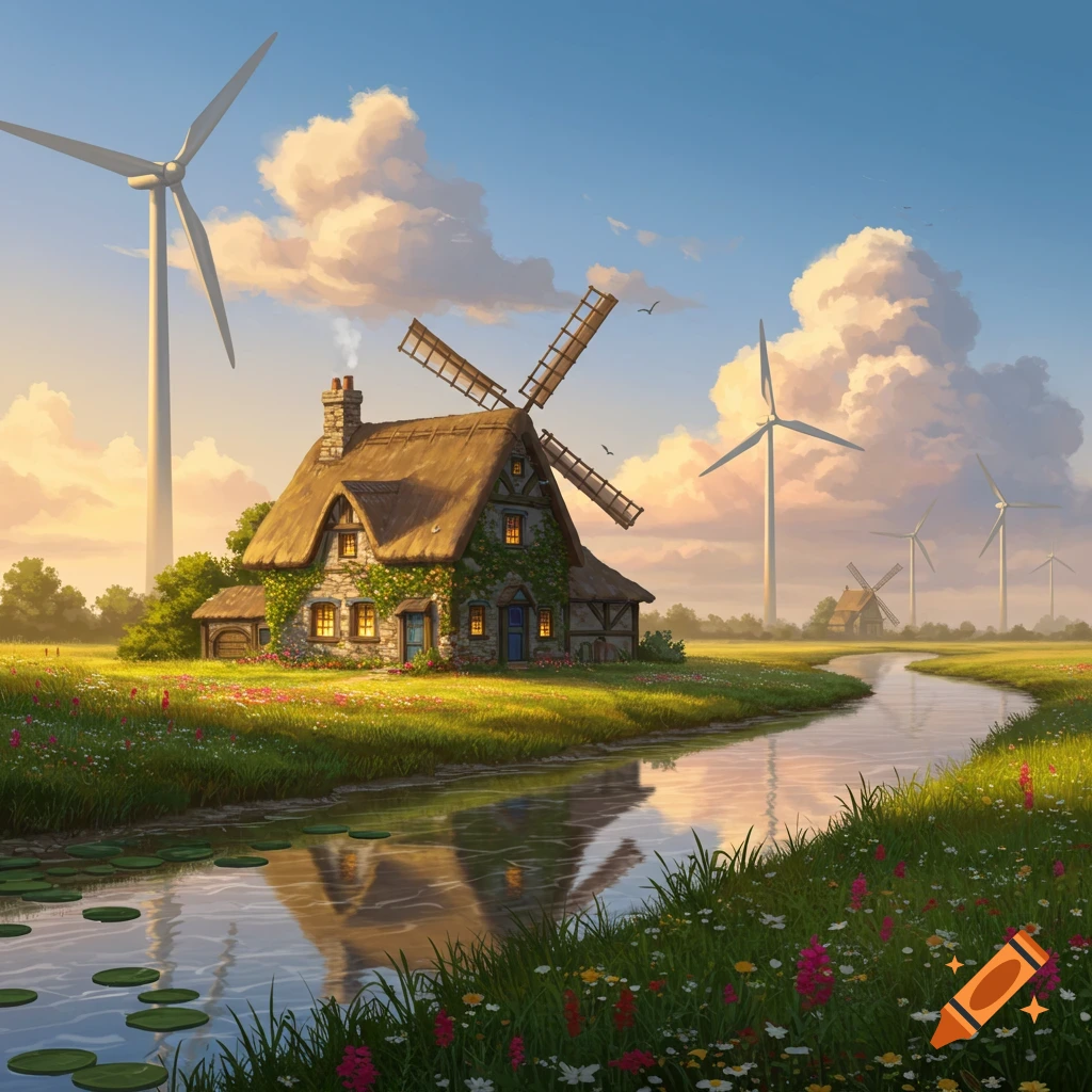 A charming thatched cottage with a windmill beside a river in a vibrant, flowery field. Wind turbines dot the distant landscape under a blue sky.