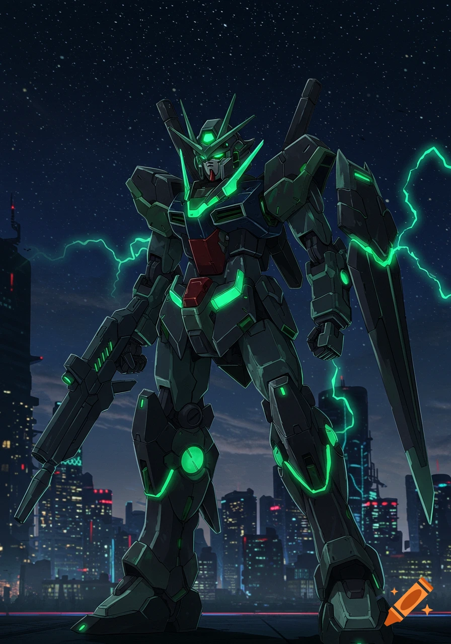 A black and green Gundam mecha stands in a futuristic city at night, with green lightning effects.