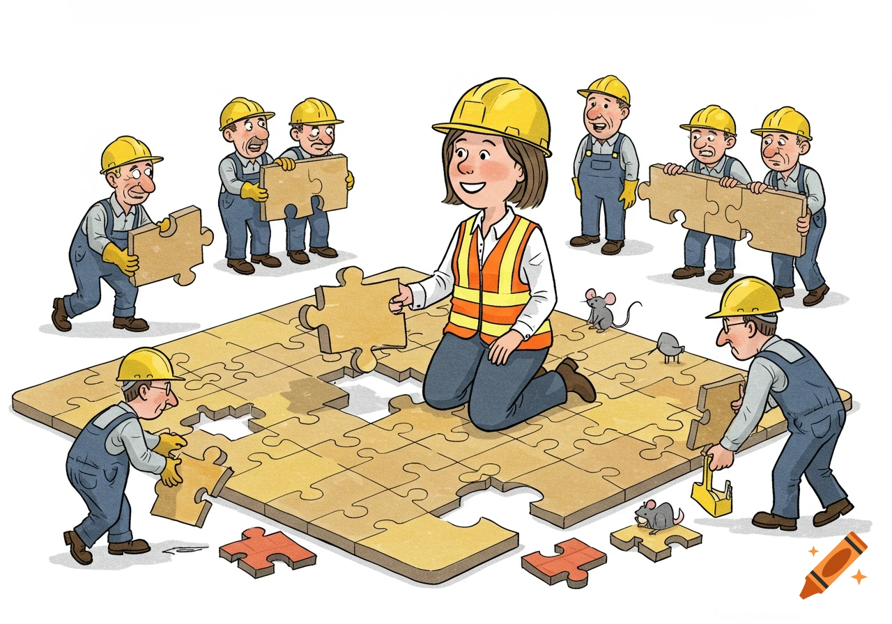 A cartoon showing a smiling female construction manager assembling a puzzle representing a building, while male workers around her appear confused and struggle with pieces. Several mice watch from the puzzle.