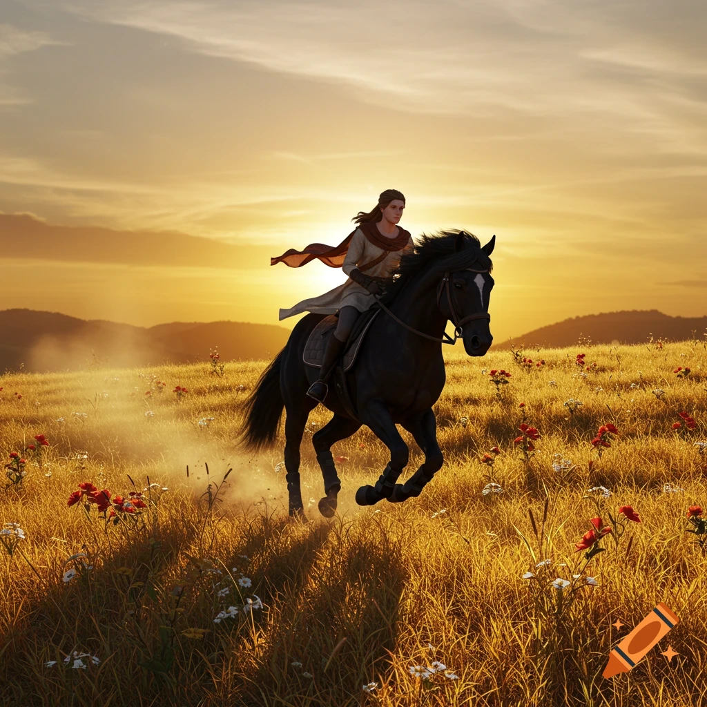 A person in medieval attire gallops on a black horse through a golden field with red flowers at sunset. Photorealistic style.