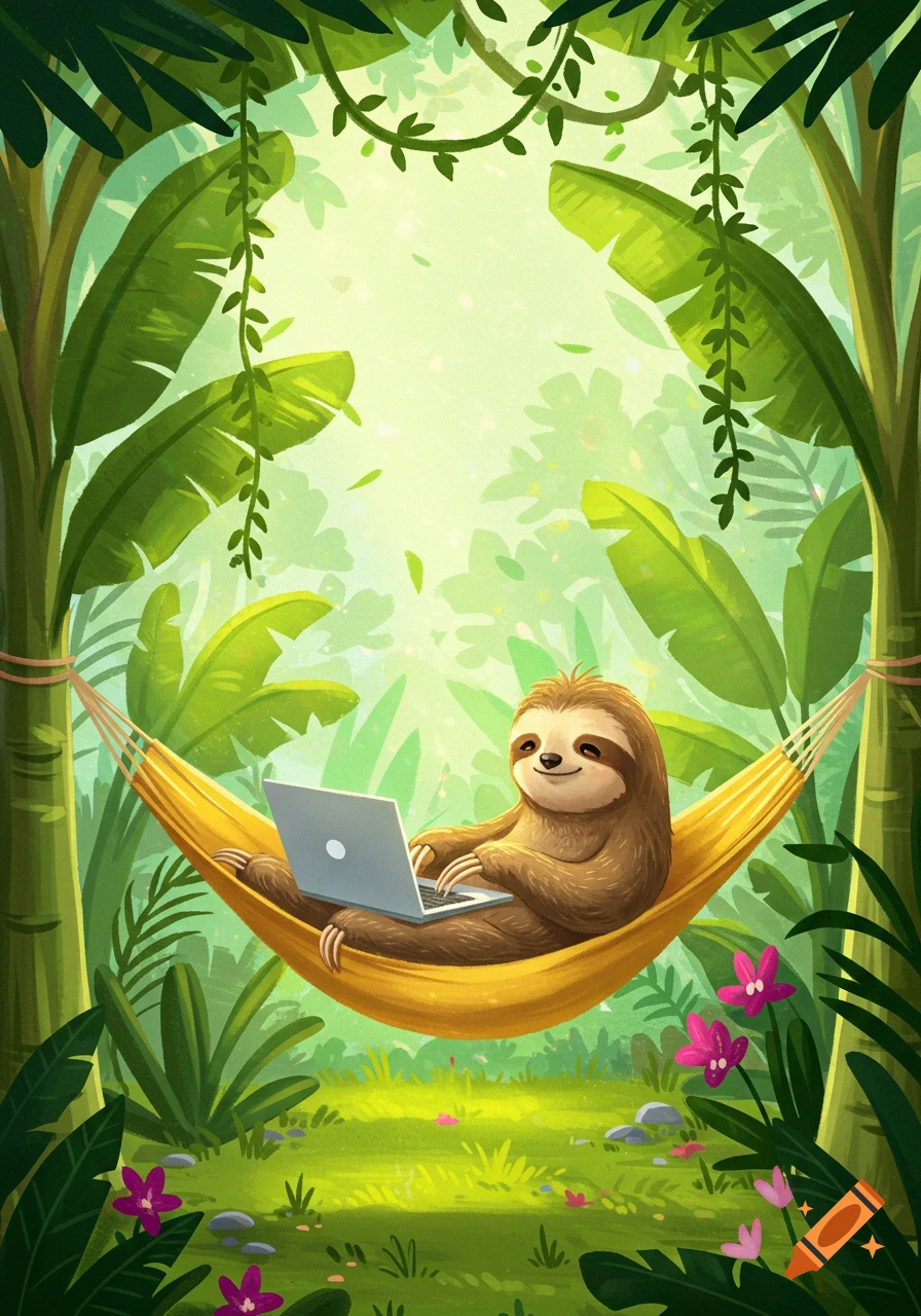 Happy cartoon sloth in a hammock working on a laptop in a lush jungle.