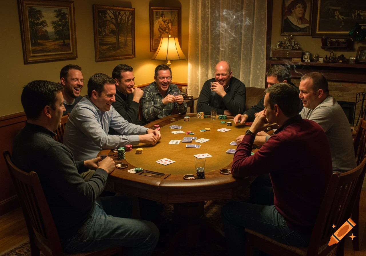 Eight men laugh while playing poker around a wooden table in a dimly lit room with paintings on the walls. Photorealistic.