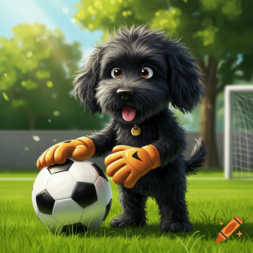 A fluffy black cartoon dog in orange goalie gloves with a soccer ball on a green field.