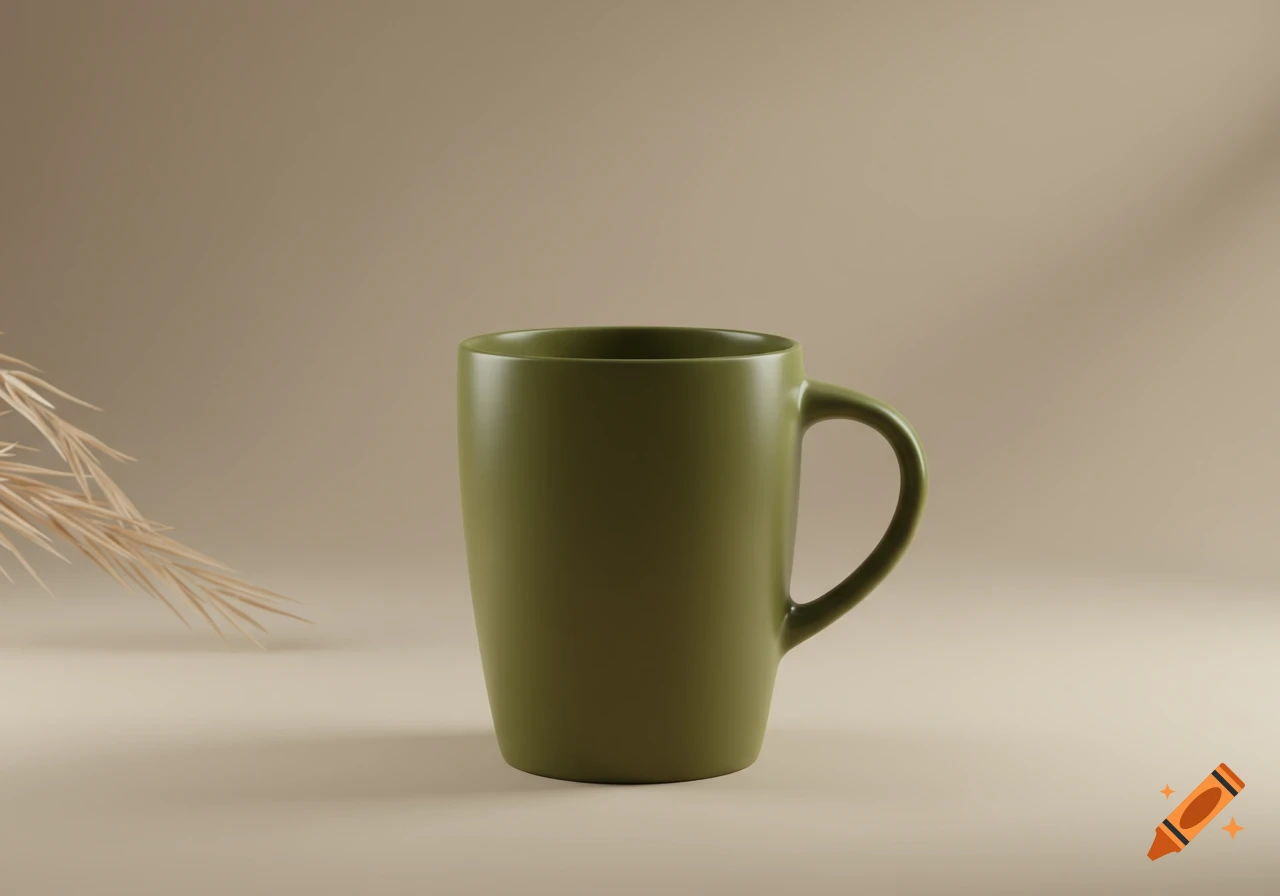 A plain olive green mug sits centered on a light khaki surface, with a dried feathery plant stalk on the left. Photorealistic style.