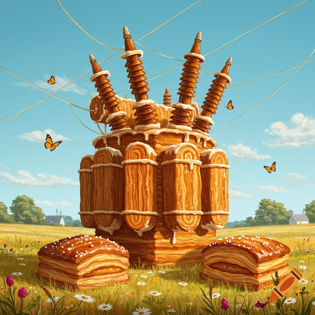 A surreal electrical transformer made of golden-brown kouign-amann pastry with white icing drips, stands in a sunny field of wildflowers with butterflies flying around.