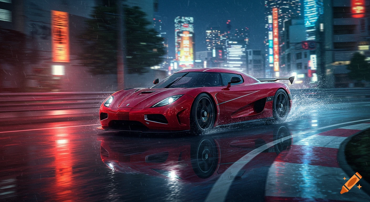 A sleek red Koenigsegg Agera hypercar drifts on a wet city street at night, with blurred city lights in the background.