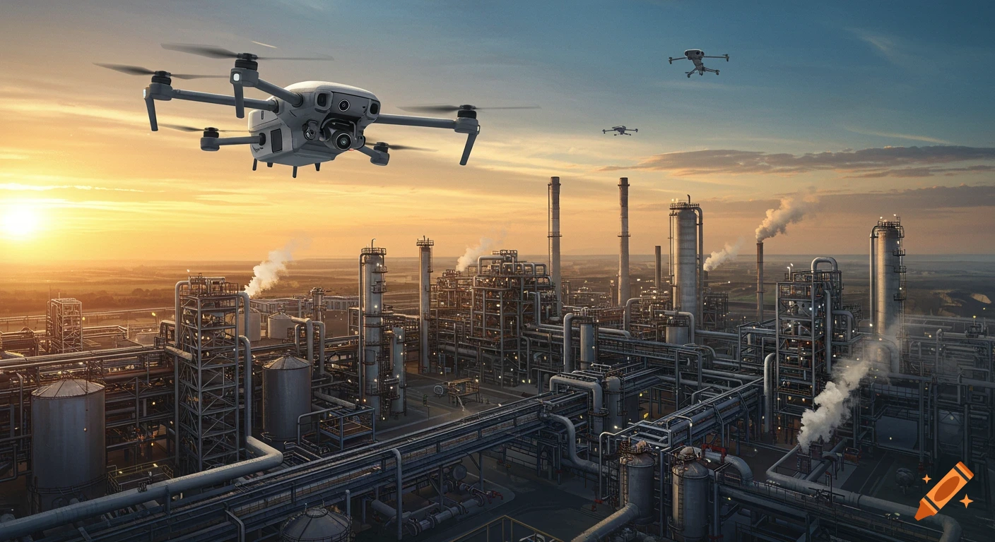 Photorealistic image of drones flying over an industrial refinery at sunset.