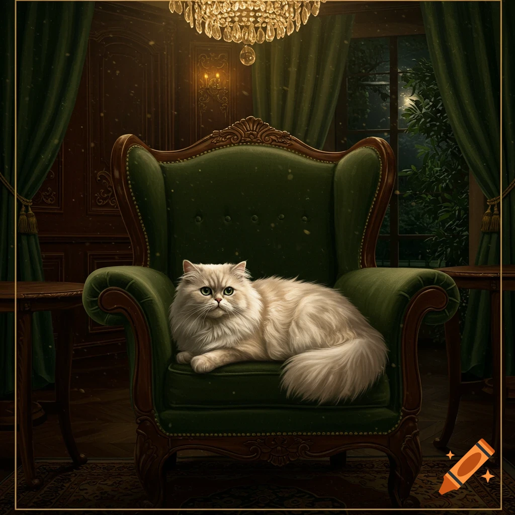 A fluffy white cat reclines on a green velvet armchair in an elegant, dimly lit room with a chandelier.