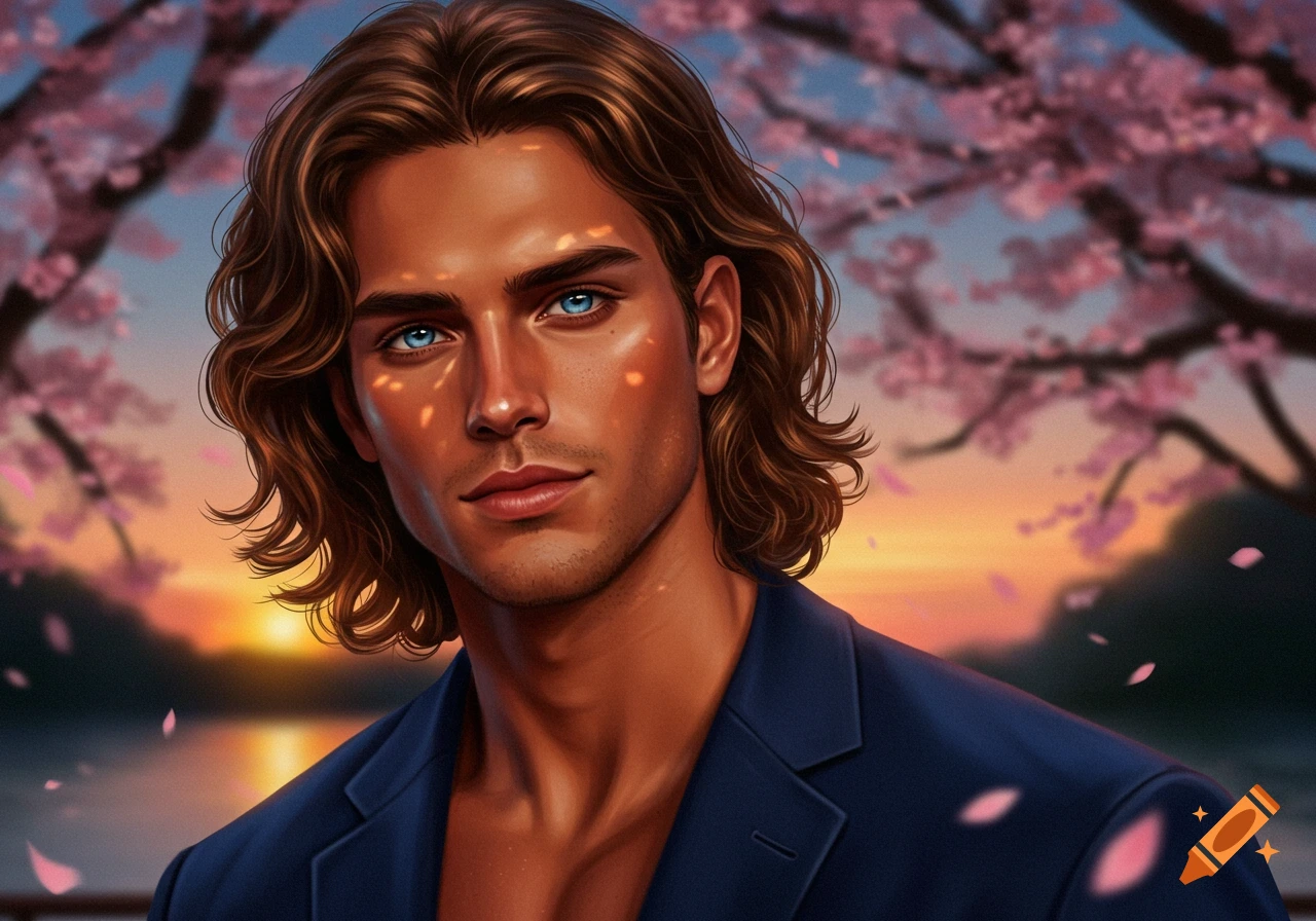 An illustrated portrait of a man with long brown hair and blue eyes, set against a cherry blossom sunset.