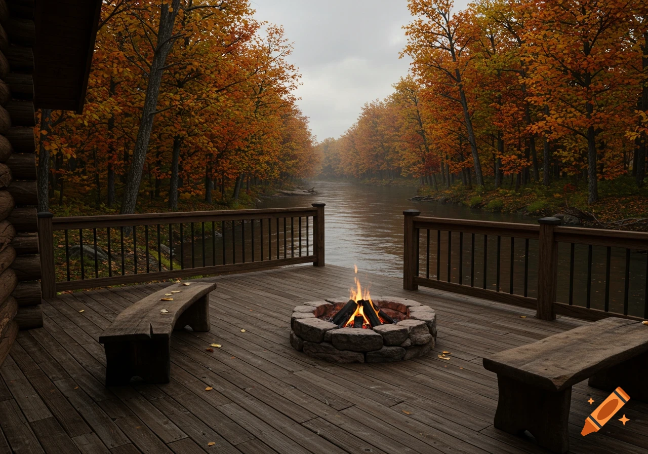 A cozy cabin deck with a lit firepit and benches, overlooking a river bordered by vibrant autumn trees under a cloudy sky.