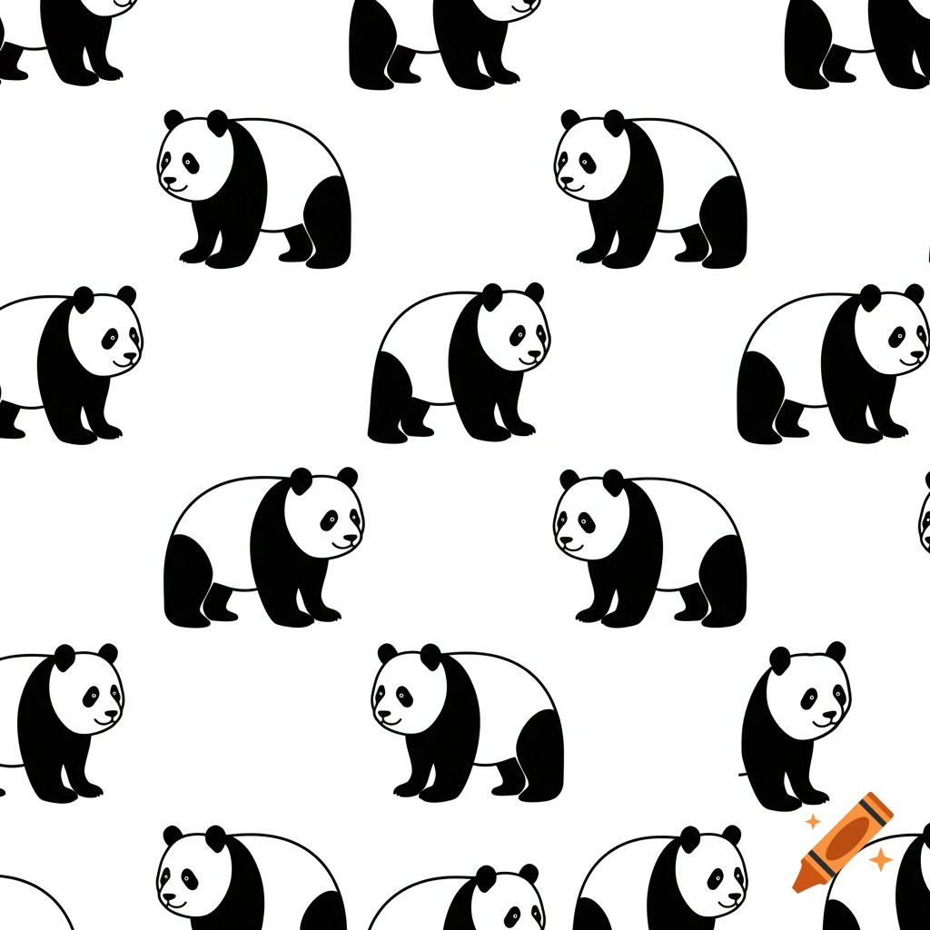 Seamless black and white pattern featuring simple, minimalistic cartoon panda silhouettes.