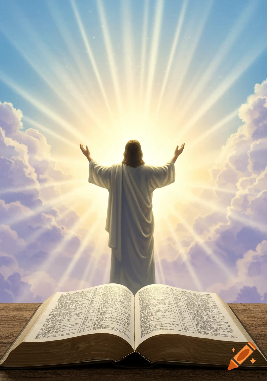Illustration of Jesus, seen from behind, arms raised to divine light in a cloudy sky, with an open Bible in the foreground.
