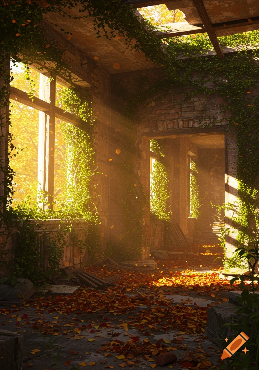 An abandoned, ivy-covered room with fallen autumn leaves on the floor, bathed in warm sunlight from windows and a broken roof.
