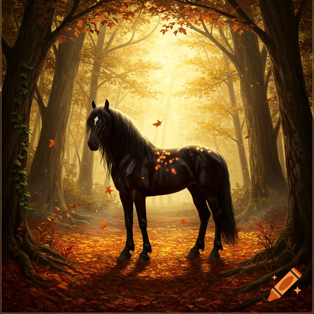 A majestic black horse with glowing orange spots stands in a sunlit autumn forest, surrounded by vibrant fall leaves.