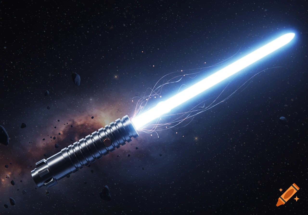 An ignited blue lightsaber with a translucent blade floats in deep space among asteroids and stars.