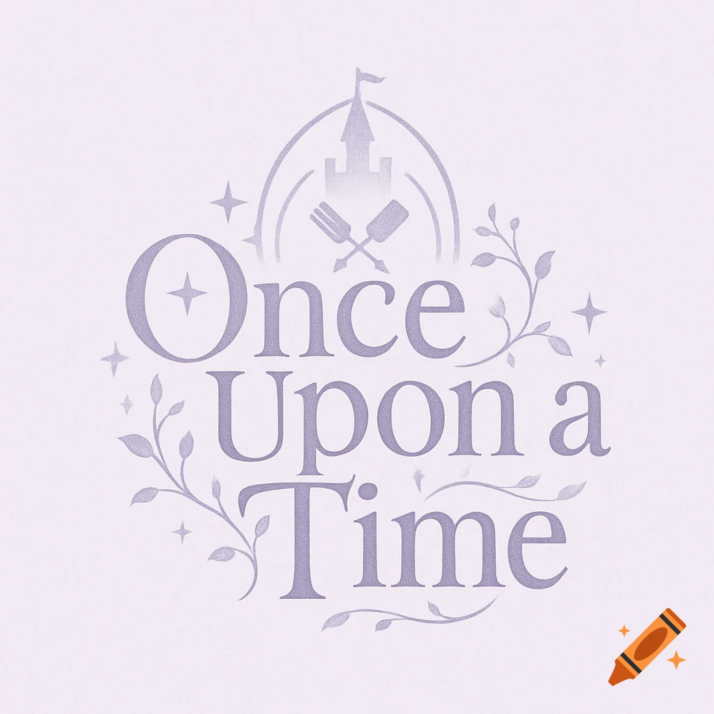 A fairytale-themed logo for 'Once Upon a Time' restaurant, featuring a castle, crossed fork and spatula, and sparkling text on a light purple background.
