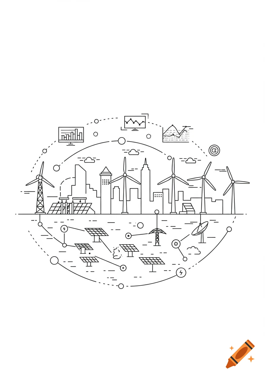 Line art illustration of a smart grid with a city skyline, wind turbines, solar panels, and interconnected data points.