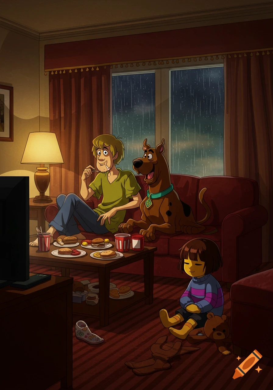 Cartoon Shaggy and Scooby eat on a couch watching TV in a hotel room on a rainy night; Frisk sits on the floor with a teddy bear.