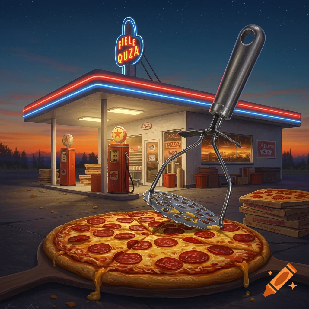 Giant pepperoni pizza on a peel with a potato masher, in front of a retro gas station at twilight.