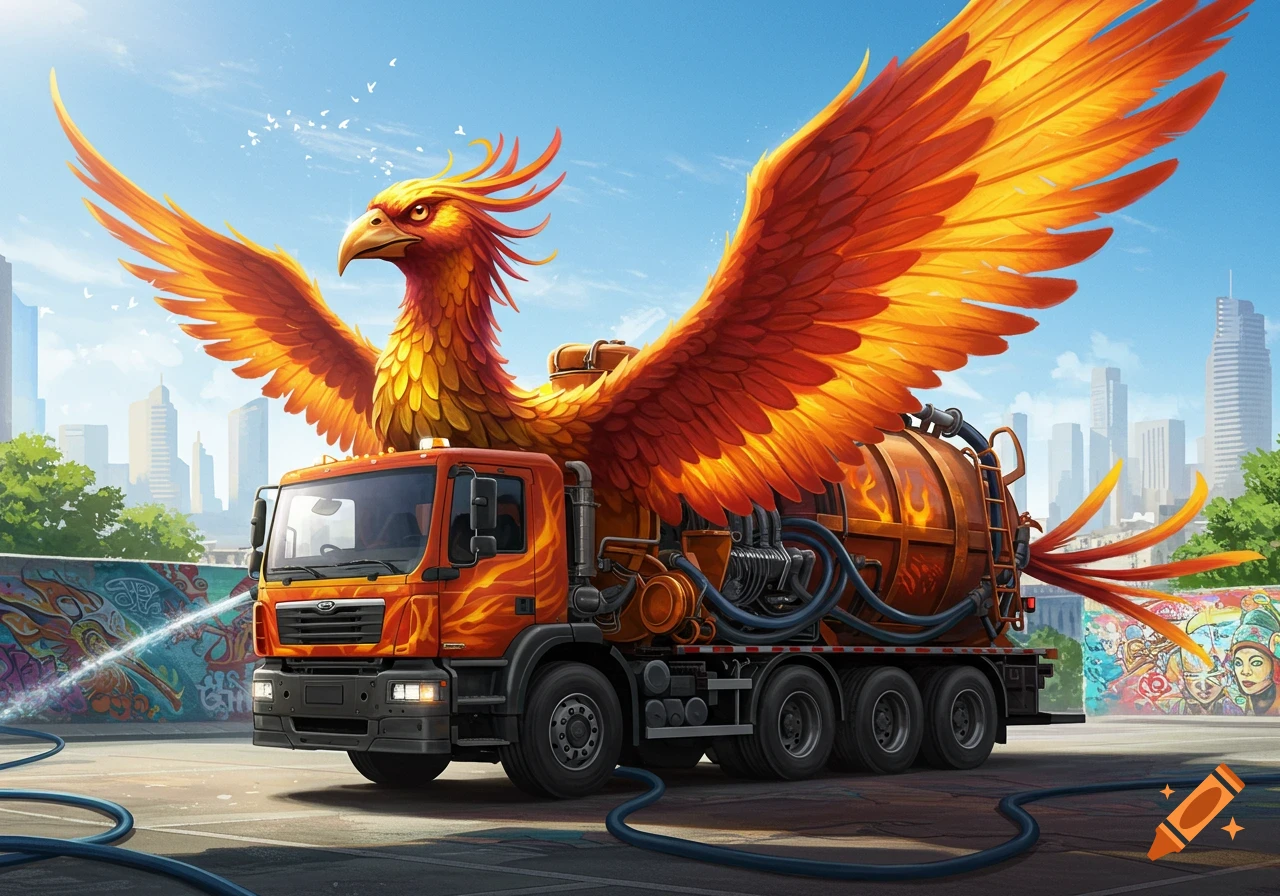 A bright orange and yellow phoenix with large wings stands atop an orange sewage truck in an urban setting with graffiti walls and city buildings.