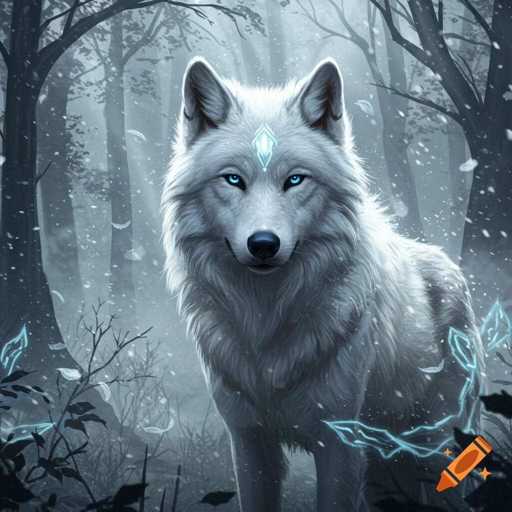 A white wolf with glowing blue eyes and a magical symbol on its forehead stands in a snowy, misty forest.