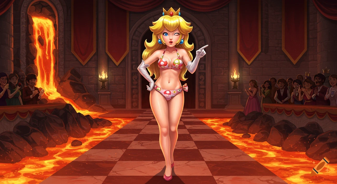 Princess Peach winks and points while modeling a mushroom bikini on a checkered runway in a lava-filled castle, watched by spectators.