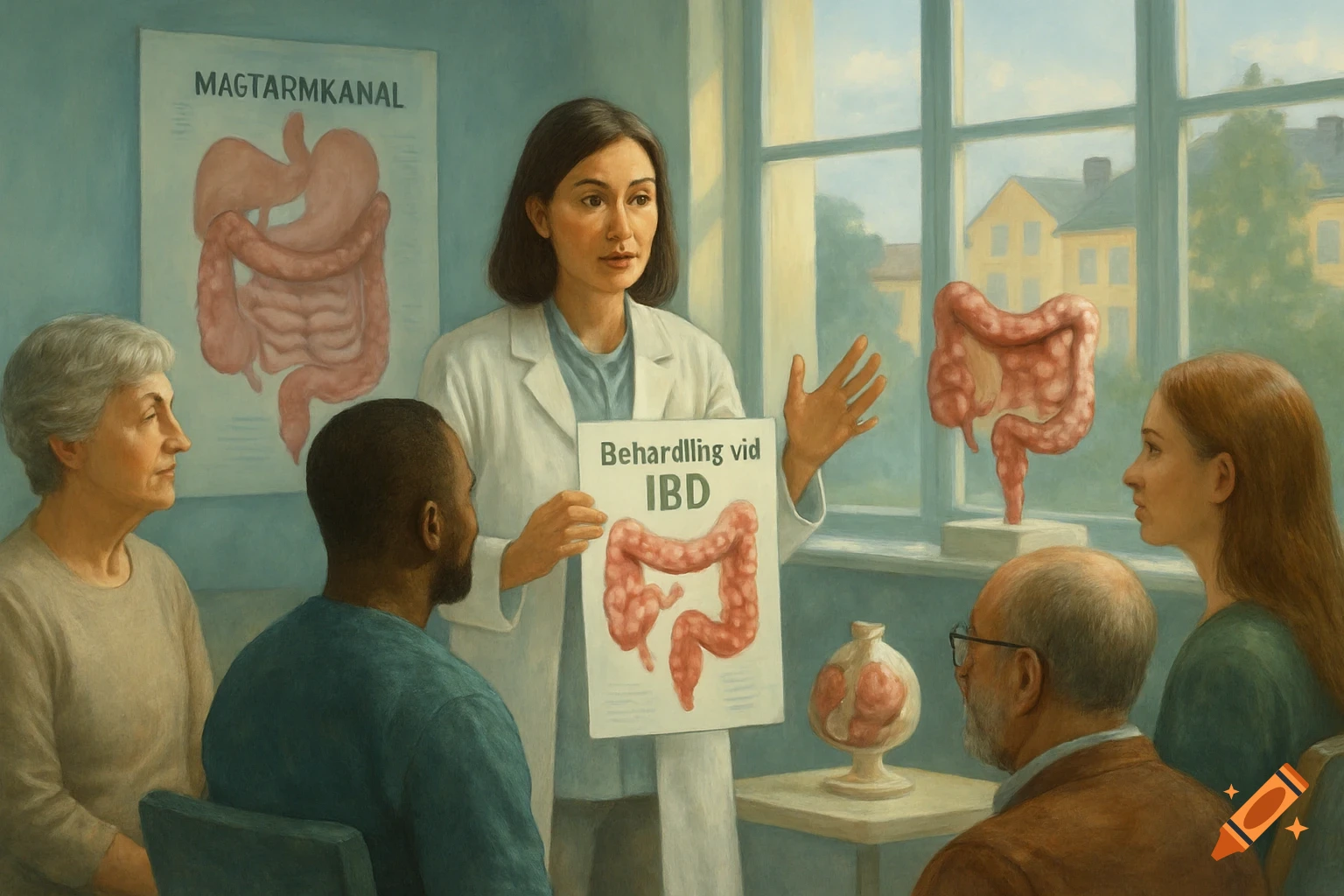 A doctor in a white coat presents an anatomical diagram of intestines to a diverse group of patients, with more diagrams in the background.
