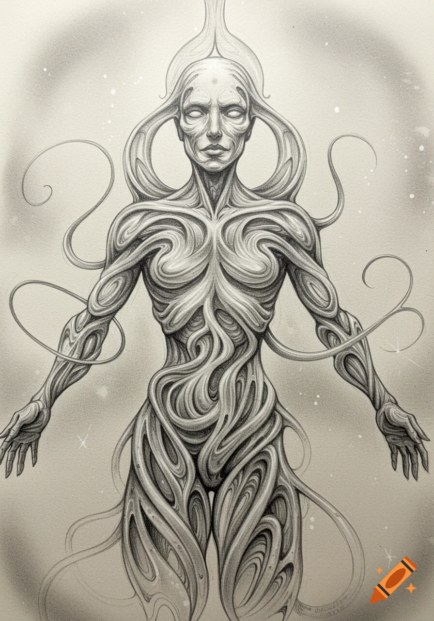 Detailed pencil drawing of a spiritual, humanoid figure composed of swirling fractal patterns against a light, ethereal background.