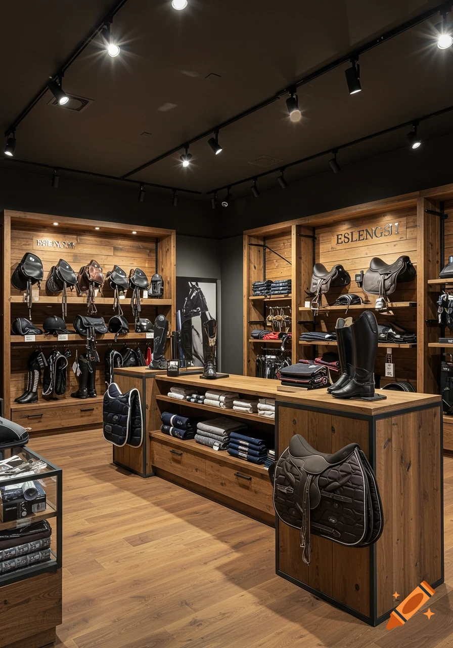 A modern equestrian equipment store interior with natural wood shelves displaying saddles, riding boots, and bridles, illuminated by track lighting.