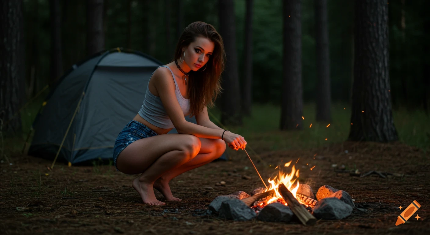 A young woman squats by a campfire in a dark forest at dusk, a tent visible in the blurred background. Photorealistic style.