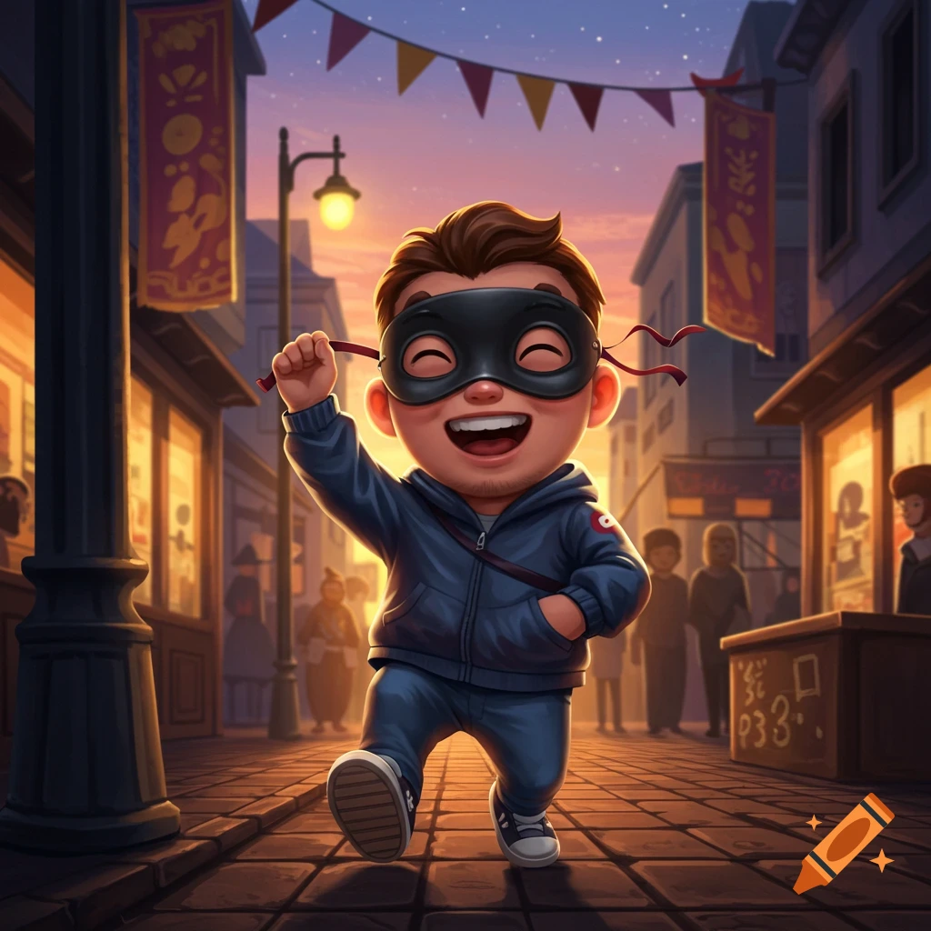 A cheerful cartoon boy in a black mask and blue hoodie runs down a festive street at dusk.