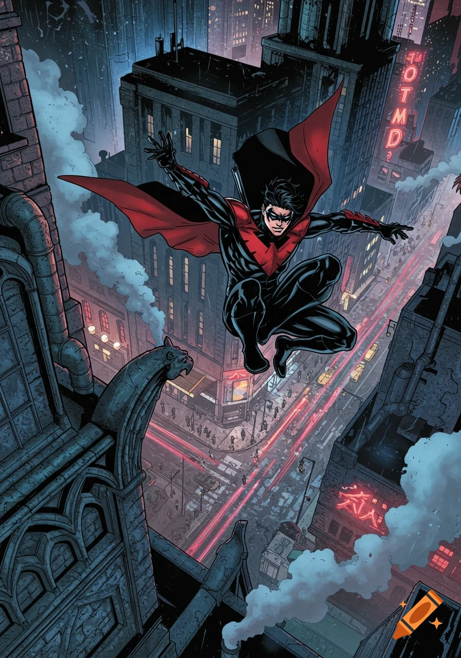 Nightwing dives acrobatically over busy Gotham City streets from a rooftop, in a dynamic comic book style.