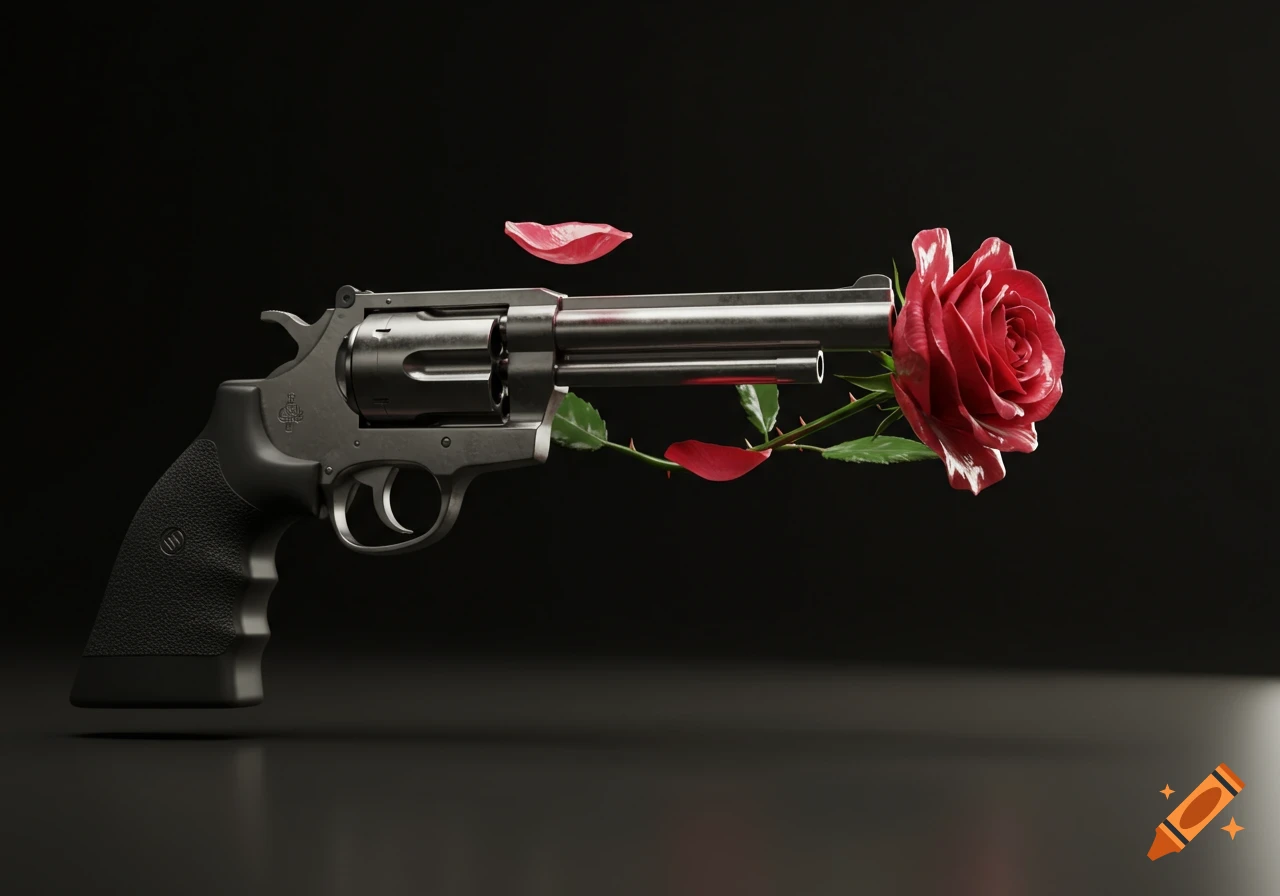 A photorealistic image of a metallic revolver with a vibrant red rose emerging from its barrel, against a dark background.