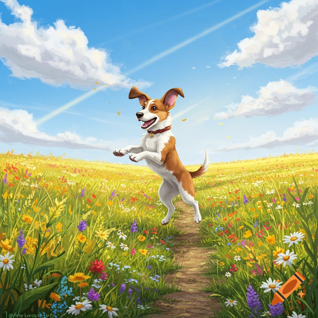 A happy cartoon dog with brown and white fur stands on its hind legs in a vibrant field of colorful wildflowers under a bright blue sky.