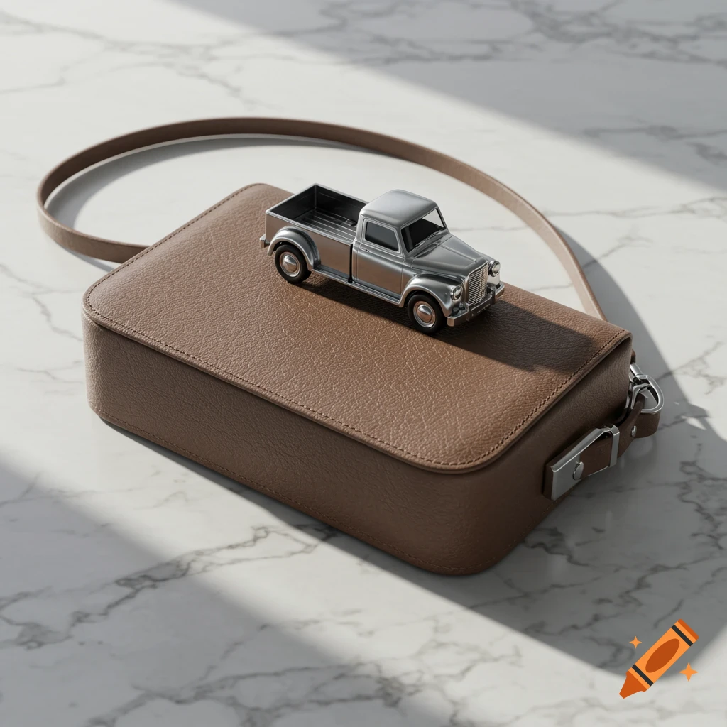 A small brown crossbody bag with a silver toy truck on top, placed on a white marble surface under bright light.