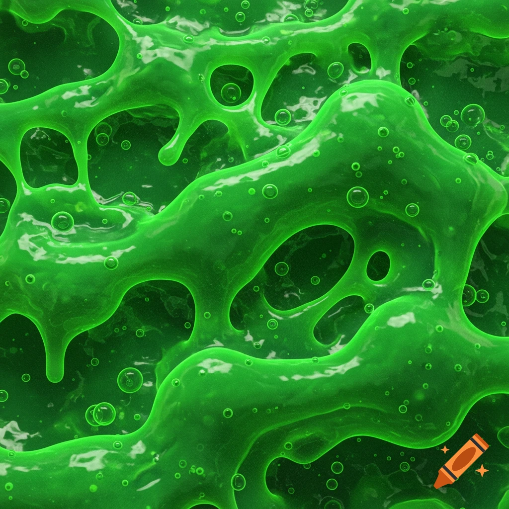 Vibrant green slime with bubbles, forming an organic, web-like texture.