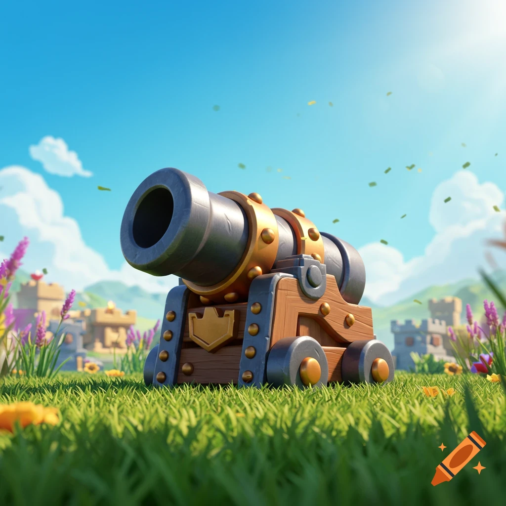 A stylized 3D rendered cannon sits in a vibrant green field with purple flowers and distant castles under a bright blue sky.