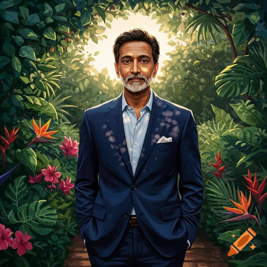 A man with a beard in a blue suit stands on a path in a vibrant, lush jungle with tropical flowers, sun shining through leaves.