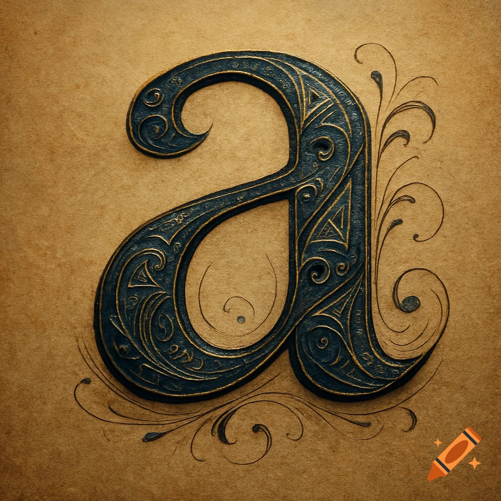 An ornate dark blue and gold lowercase letter 'a' with decorative swirls on a textured brown background.