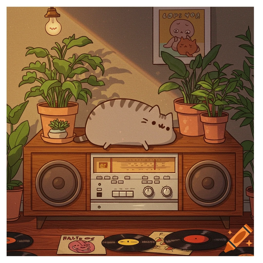 Cute gray Pusheen cat rests on a vintage wooden stereo, surrounded by green potted plants and vinyl records in a warm, illustrated room.