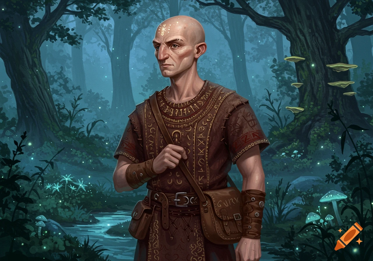 A bald fantasy man with a large nose, wearing an ornate brown tunic and satchel, stands in a mystical, glowing forest.