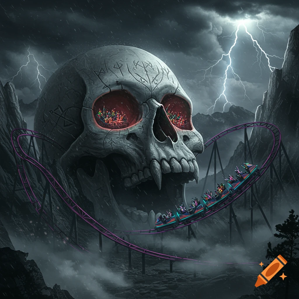 Giant skull with fangs and glowing red eyes, with a rollercoaster and riders winding around it under a stormy sky with lightning.
