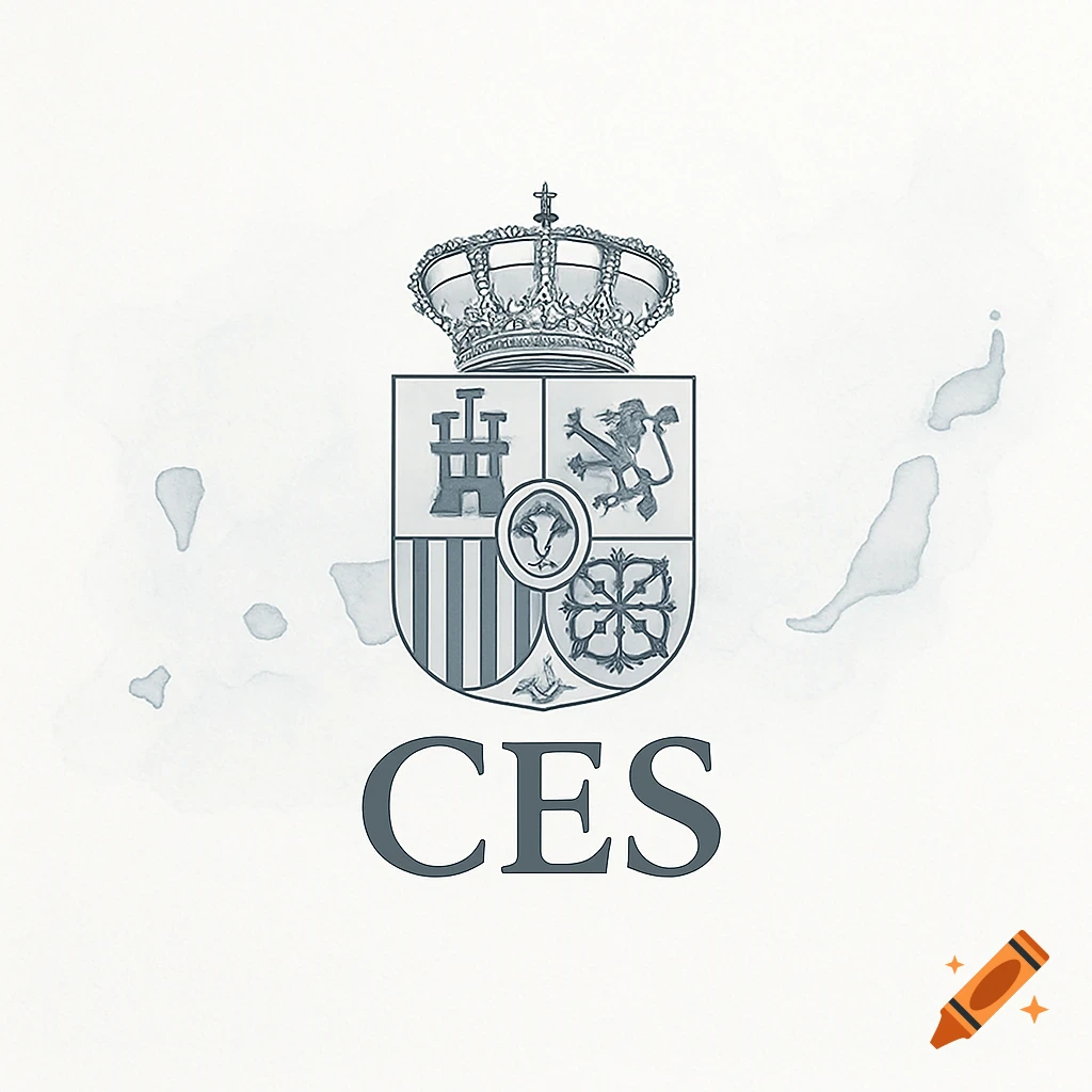 Grayscale coat of arms with a crown and shield above 'CES' text, on a white background with a translucent map of the Canary Islands.