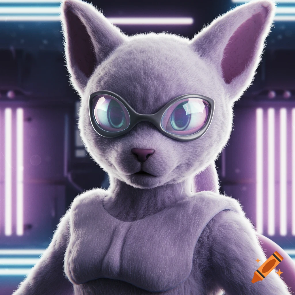 Close-up of a purple, furry Mewtwo-like character wearing futuristic goggles in a neon-lit sci-fi setting.