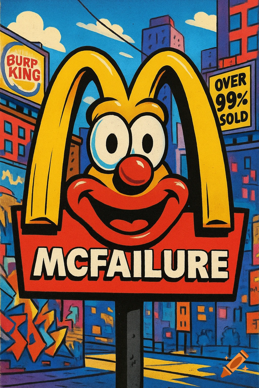 A pop art spoof of a McDonald's sign, featuring a clown face and 'MCFAILURE'. Other signs read 'BURP KING' and 'OVER 99% SOLD'.