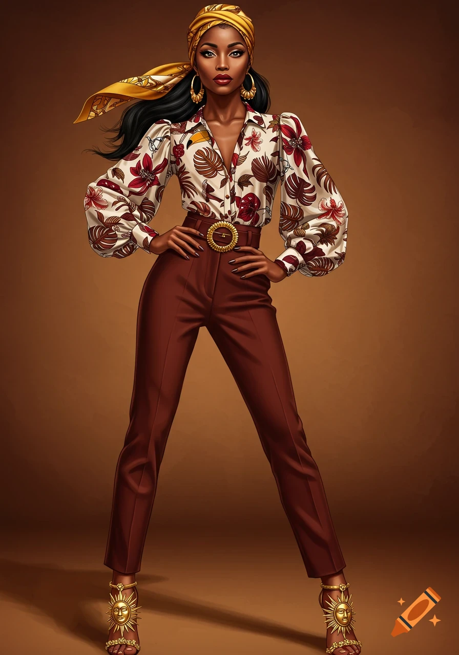 A stylish woman in a yellow headscarf, patterned blouse, brown slacks, and gold sun-emblem heels stands confidently.