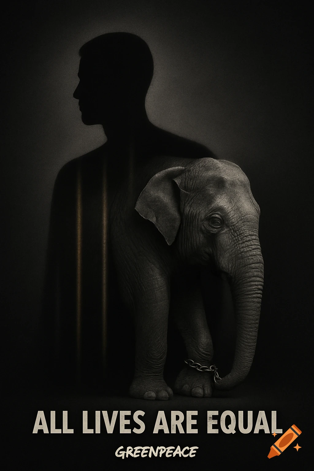 A grayscale image of a human silhouette overlapping a baby elephant with a chained leg. Text reads 'ALL LIVES ARE EQUAL GREENPEACE'.
