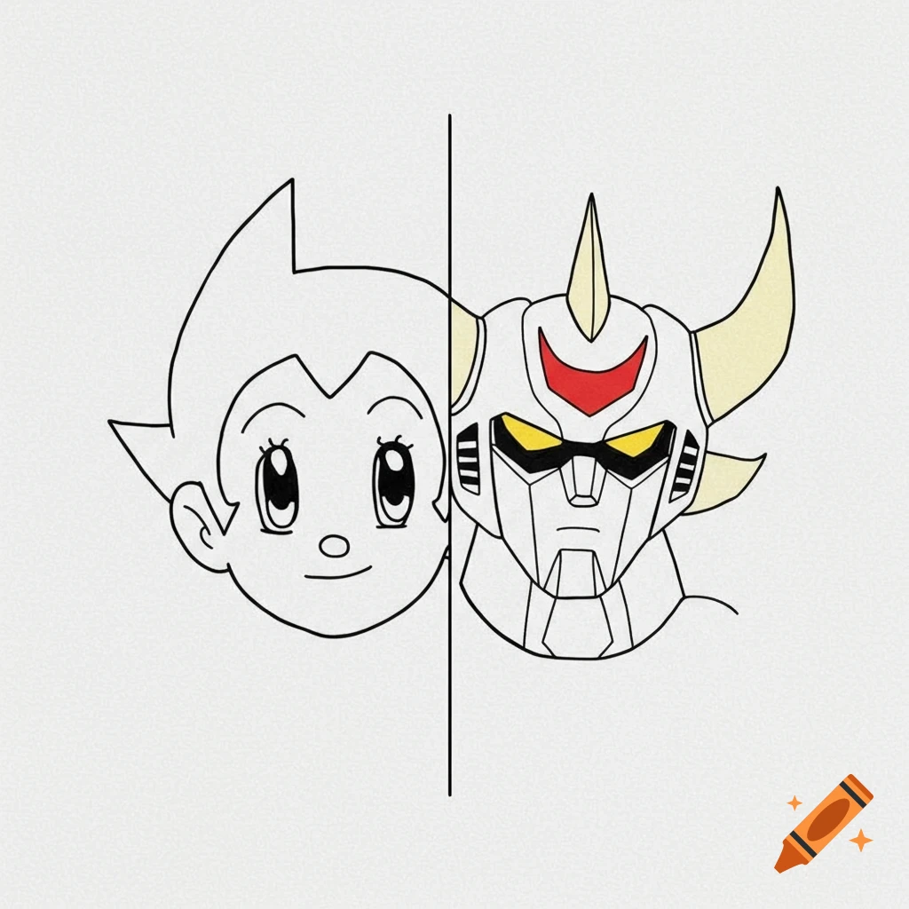 Minimalist line art split design with Astro Boy's face on the left and Goldorak's face on the right.